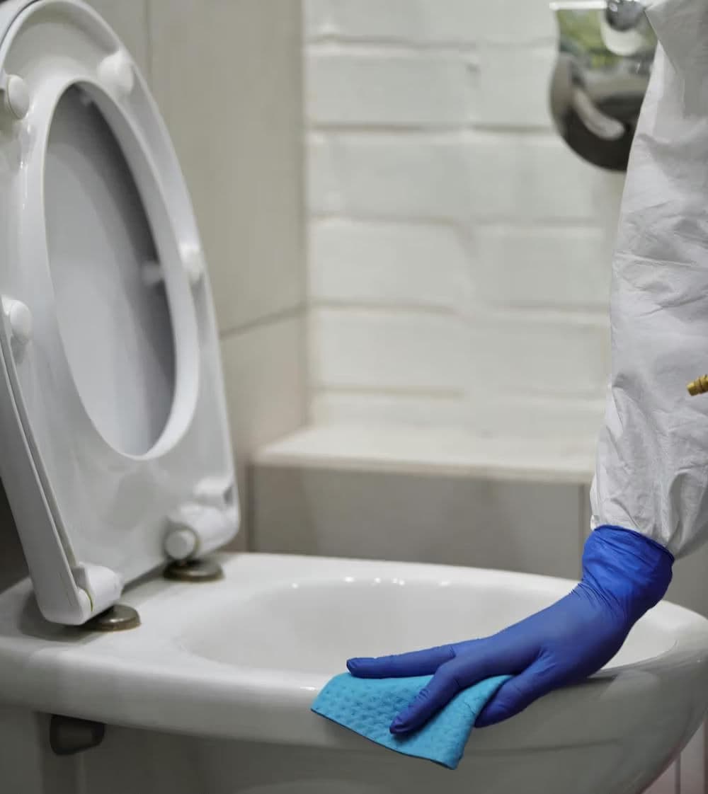 Person in gloves cleaning a toilet with a blue cloth in a modern bathroom setting.